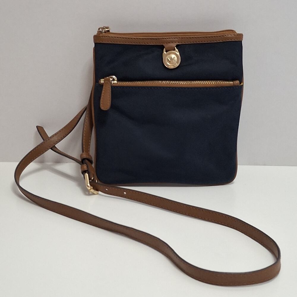 Michael Kors Navy Nylon Crossbody Bag Brown Trim 5 Pocket Gold Tone